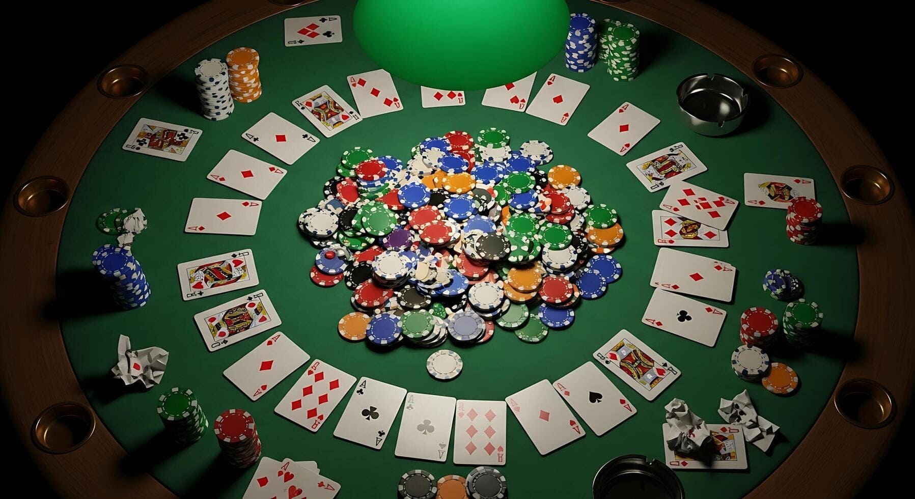 Stół pokerowy z kartami i żetonami widziany z góry