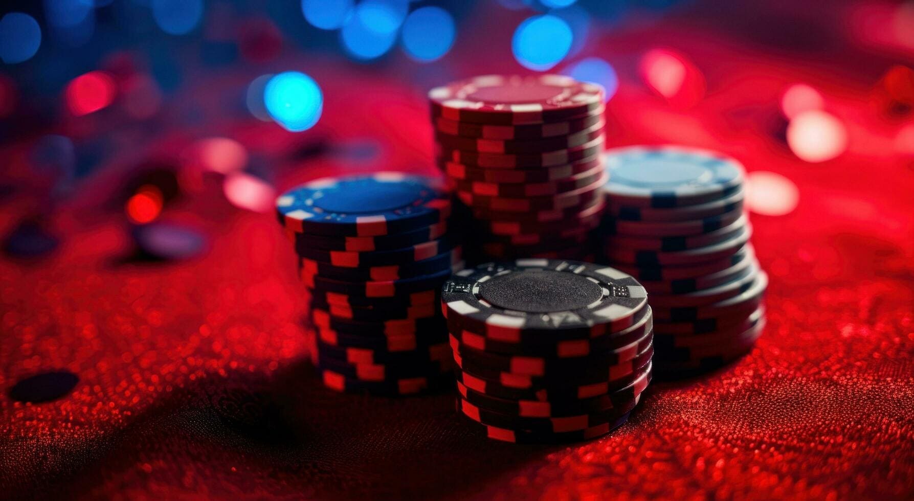 Stosy żetonów pokerowych na czerwonym suknie