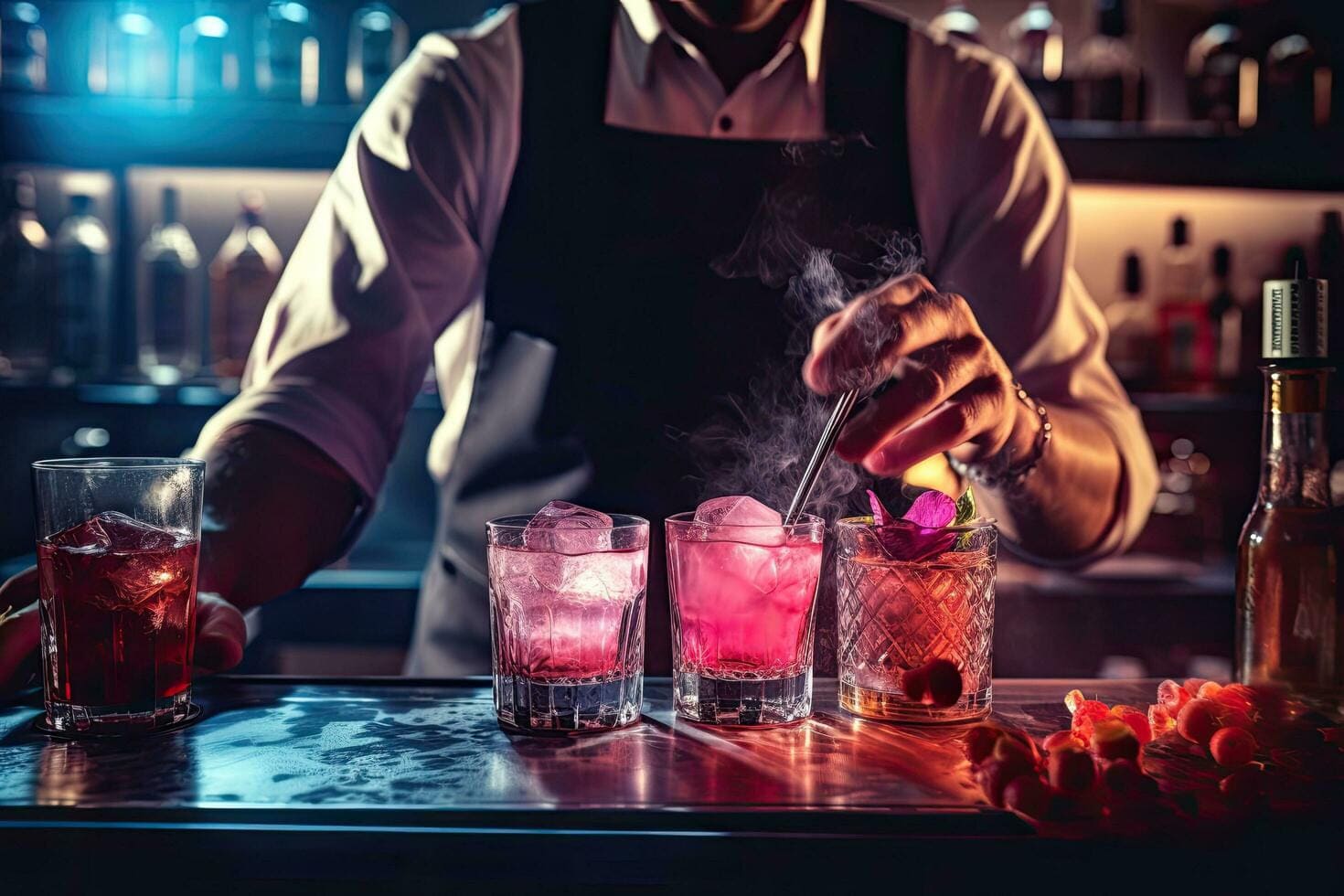 Barman przygotowujący dymiące koktajle