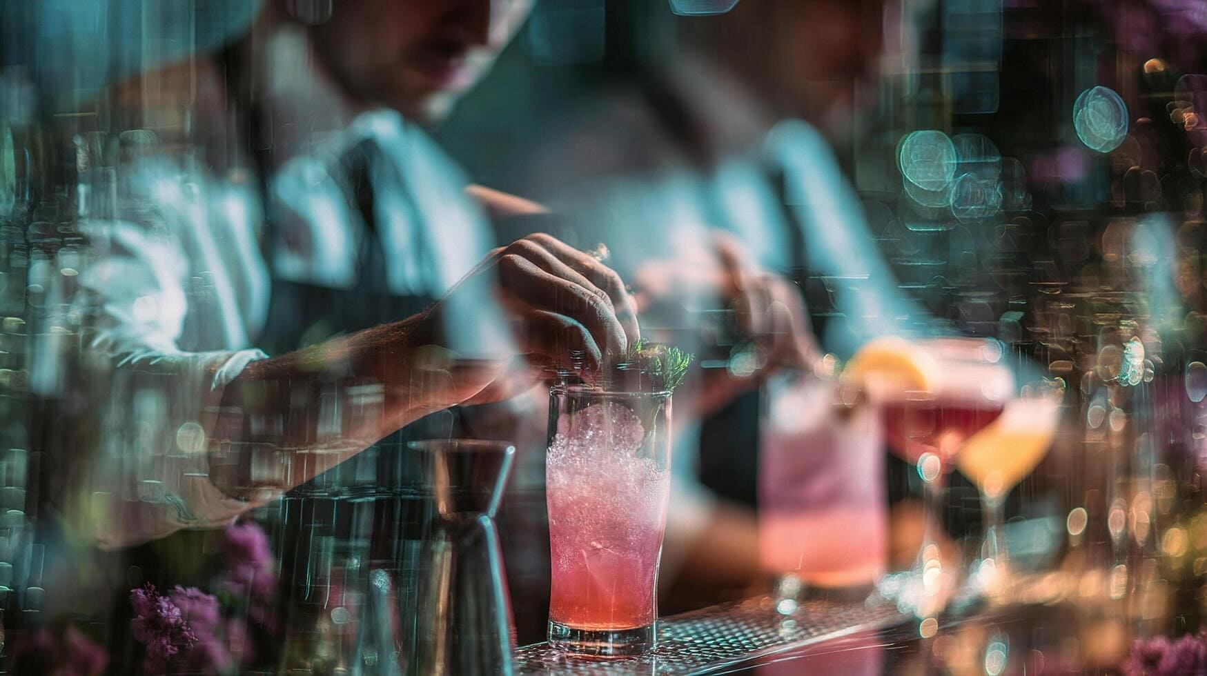 Barman przygotowujący różowy koktajl